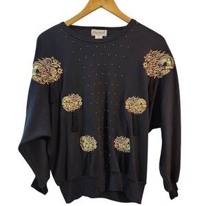 Vintage Eminent black blouse gold sequin dragon tassle black Size medium‎
